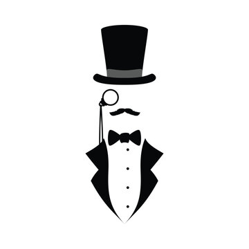 Elegant man with mustaches and monocle, black silhouette vector illustration isolated on white background.