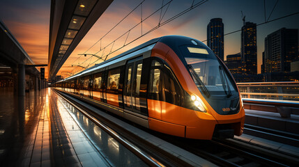 Fototapeta premium High speed train in motion on the railway station, Railroad with motion blur effect. Commercial transportation. Blurred background