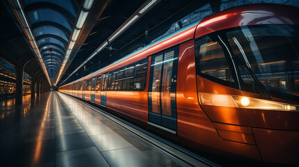 High speed train in motion on the railway station, Railroad with motion blur effect. Commercial transportation. Blurred background