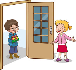 Vector illustration of girl welcoming her friend at the door
