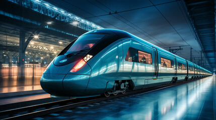 Fototapeta premium High speed train in motion on the railway station, Railroad with motion blur effect. Commercial transportation. Blurred background