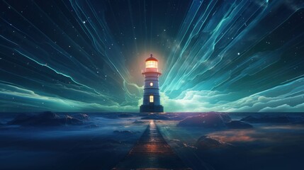 An image of a virtual lighthouse projecting a guiding light over a digital sea, symbolizing the navigation and direction offered by remote work tools | generative AI