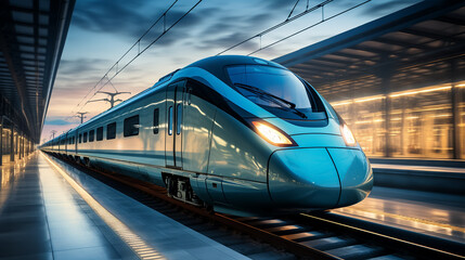 High speed train in motion on the railway station, Railroad with motion blur effect. Commercial transportation. Blurred background
