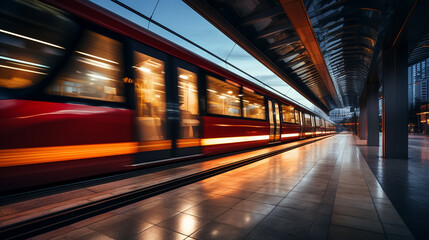Fototapeta premium High speed train in motion on the railway station, Railroad with motion blur effect. Commercial transportation. Blurred background
