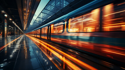 Fototapeta na wymiar High speed train in motion on the railway station, Railroad with motion blur effect. Commercial transportation. Blurred background