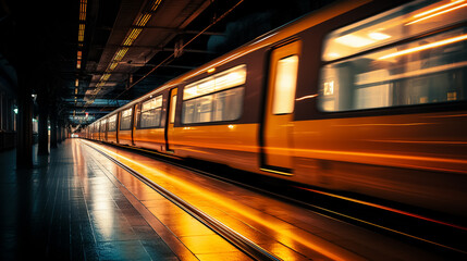 Fototapeta premium High speed train in motion on the railway station, Railroad with motion blur effect. Commercial transportation. Blurred background