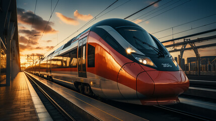 Fototapeta premium High speed train in motion on the railway station, Railroad with motion blur effect. Commercial transportation. Blurred background