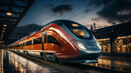 Naklejka premium High speed train in motion on the railway station, Railroad with motion blur effect. Commercial transportation. Blurred background