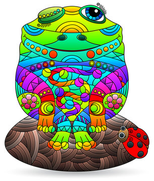 A set of stained glass-style illustrations with cute cartoon frog, animals isolated on a white background