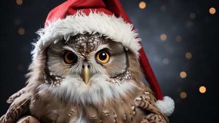 Owl with a Santa Claus hat. Christmas concept