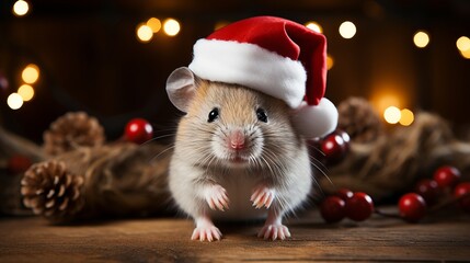 Fototapeta na wymiar Cute mouse with a Santa Claus hat. Christmas concept