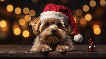 Beauty dog with a Santa Claus hat. Christmas concept