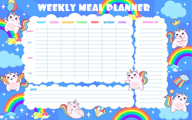 Weekly meal planner with magic caticorn cat and kitten characters. Vector template of schedule for everyday recipes cooking and diet, food calendar, time table blank, organizer with shopping list