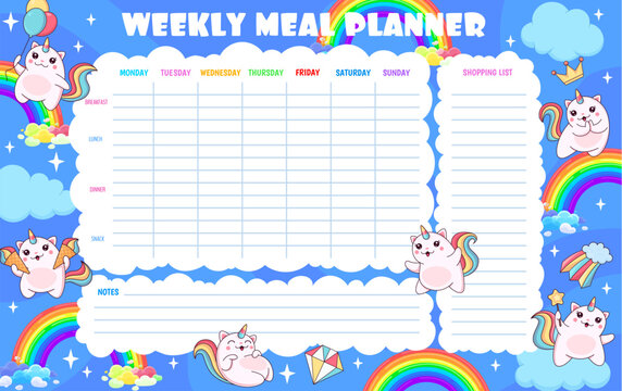 Weekly meal planner with magic caticorn cat and kitten characters. Vector template of schedule for everyday recipes cooking and diet, food calendar, time table blank, organizer with shopping list