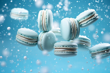 pastel blue flying macarons with falling snowflakes, Christmas dessert