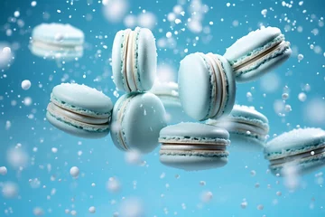 Zelfklevend Fotobehang pastel blue flying macarons with falling snowflakes, Christmas dessert © World of AI