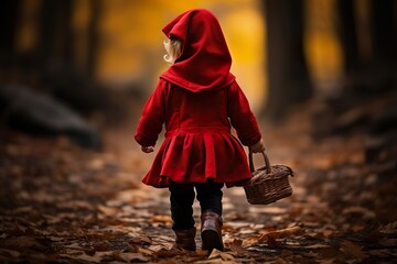 Little Red Riding Hood with a basket walking in the forest. Generative AI.