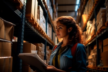 A woman in a vest is smiling in a warehouse. Happy employees. High shelves of the warehouse