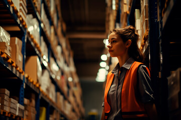 A woman in a vest is smiling in a warehouse. Happy employees. High shelves of the warehouse