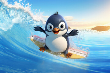 Fototapeta premium cute penguin enjoying surfing