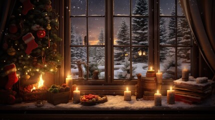 Christmas window sill and fireplace