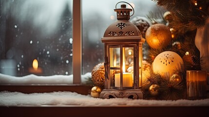 Christmas window sill and fireplace, close up lantern