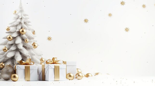 Christmas white background banner with tree, gift and decoration