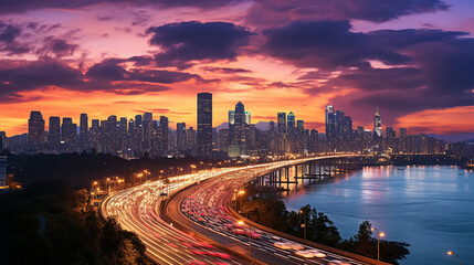 Fototapeta premium Traffic Seoul City and Seoul City Skyline at Sunset