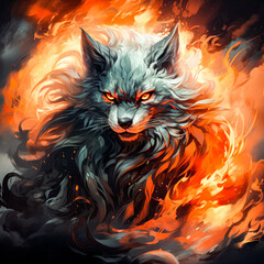 A fox with smoke and flame