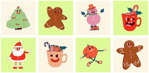 Obraz premium Retro Groovy Christmas poster set with funny character santa, snowman, gingerbread and toys. Trippy Funny Character groovy poster retro collection. Vector cartoon illustration