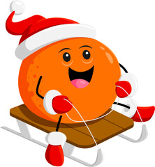 Cartoon cheerful Christmas holiday orange fruit character joyfully sleds through a winter wonderland. Isolated vector cheerful citrus personage wear Santa hat bringing smiles and festive spirit to all