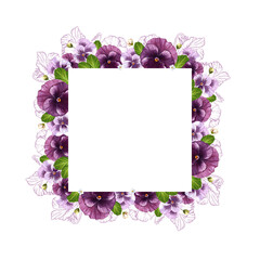 Pansies. Summer delicate purple flowers. Watercolor illustration. Square frame template for text. For the design of postcards, banner, textiles