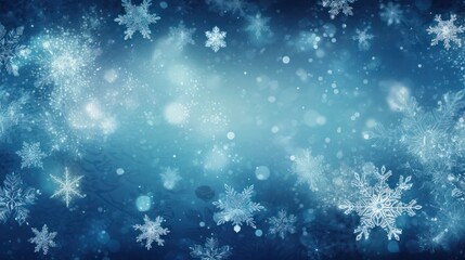 Photo blurred blue background, snowflakes, Christmas 