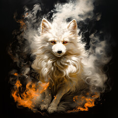 A white fox with smoke and flame