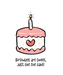 Sweet Pink Birthday Cake with candle minimal Doodle, Celebrate party with cute cake illustration perfect for greeting cards.