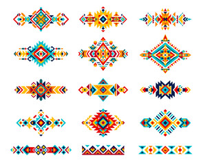 Mexican ethnic motif, tribal ornament, patterns. Isolated vector set of traditional embroidery samples, designs and symbols, reflecting the rich cultural heritage and indigenous artistry of Mexico