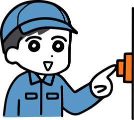 ボタンを押している作業服＆帽子の若い男性(上半身)