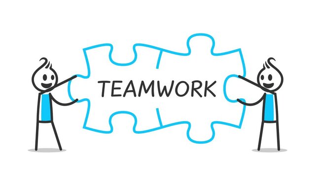Animation of stick figures joining jigsaw puzzles to be connected each other, teamwork solution