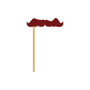 Lush vintage male mustache mask on stick flat vector illustration isolated.