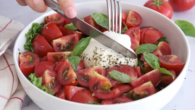 Eating burrata salad with cherry tomatoes and basil in bowl on white background.