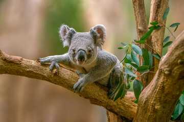 one Koala bear (Phascolarctos cinereus) sits relaxed on a branch of a tree and looks very curious