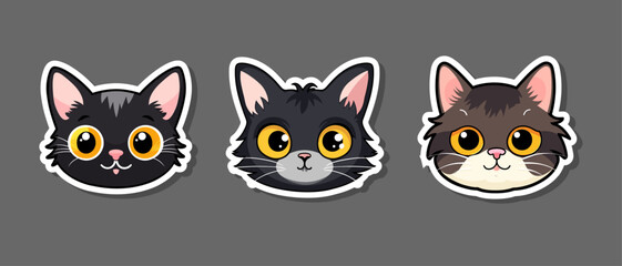 Set vector funny cat faces isolated on white background sticker. Cute cat character face with big eyes, animal trendy vector illustration. Gray black color