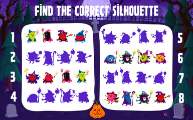 Find the correct silhouette of Halloween cartoon berry wizards and mages at cemetery. Kids vector shadow match game worksheet with grape, blackberry, strawberry and cranberry, cherry or blueberry