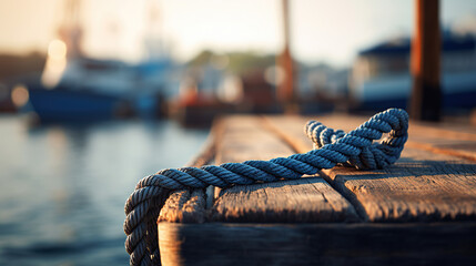 A boat docked at the pier with ropes securing it, set against a blurred background.