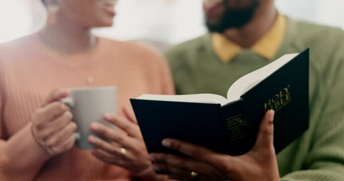 Couple, coffee and Bible with love and religion, morning routine and healthy relationship with reading and worship. Christian, people with holy book and latte at home, God and faith with scripture