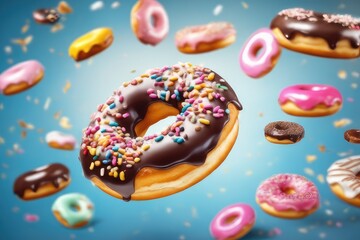 floating donuts with icing sugar - obrazy, fototapety, plakaty