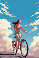 Generative AI illustration of Happy beautiful girl riding a bike with basket