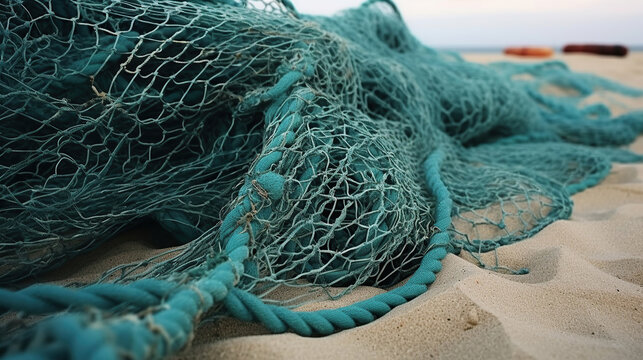 A pile of fishing nets lies on the sand.