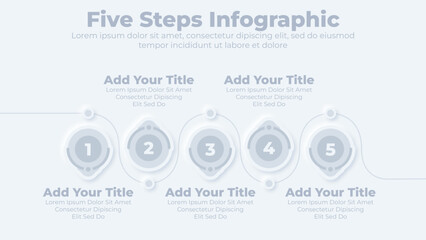 Neumorphic circular timeline infographics template with five steps