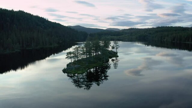 Perfect mirror image in calm lake water of small island with trees, aerial dolly
